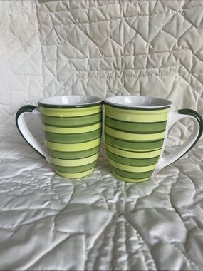Green Striped Ceramic Coffee Mugs - Set of 2